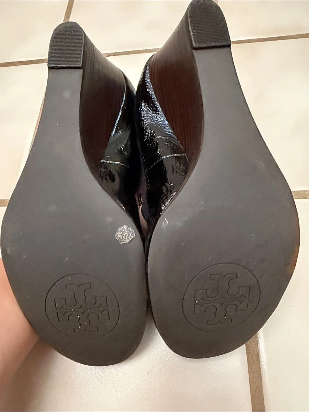 Tory Burch Black Patent Leather Heels with Gold Logo Medallion